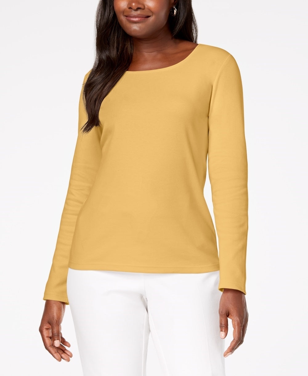 Karen Scott Blusa de algodão feminina com decote redondo, bege-cáqui, tamanho pequeno