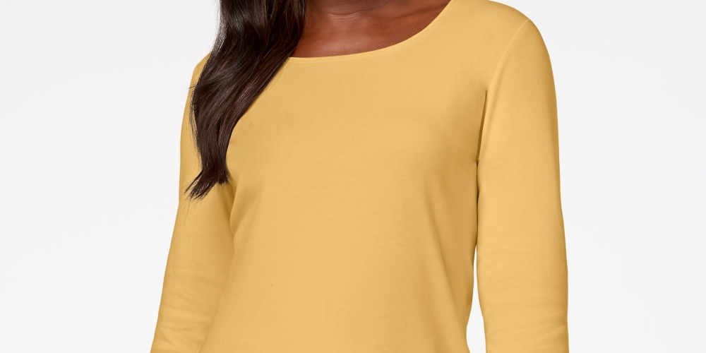 Karen Scott Blusa de algodão feminina com decote redondo, bege-cáqui, tamanho pequeno