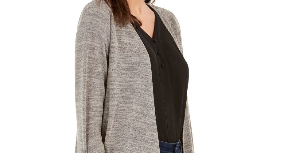 Suéter feminino NY Collection Petite com cordão e manga longa, tamanho pequeno, cinza