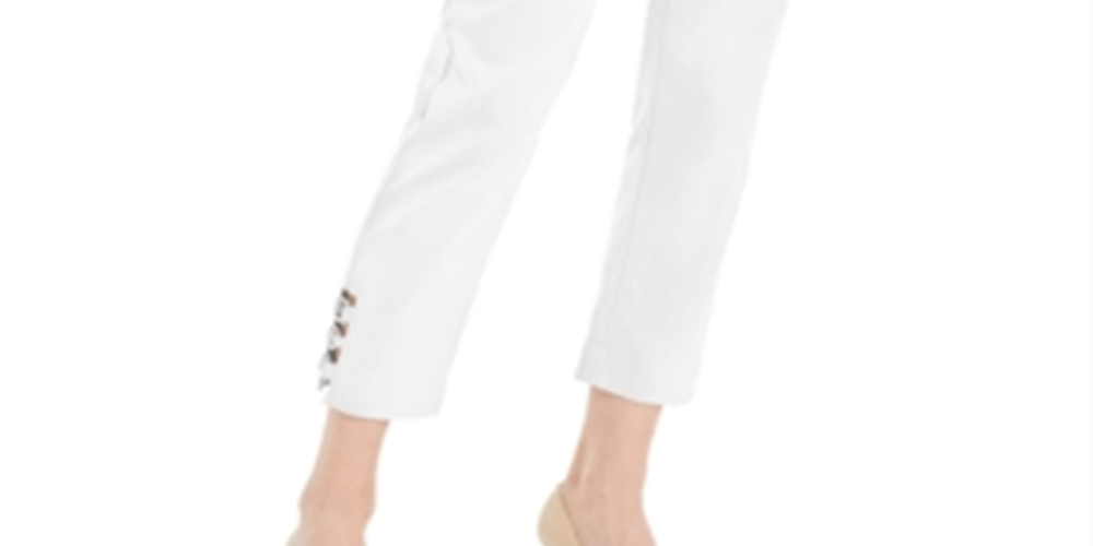 Calça feminina com acabamento em hardware e controle de barriga JM Collection, branca, tamanho XX-G