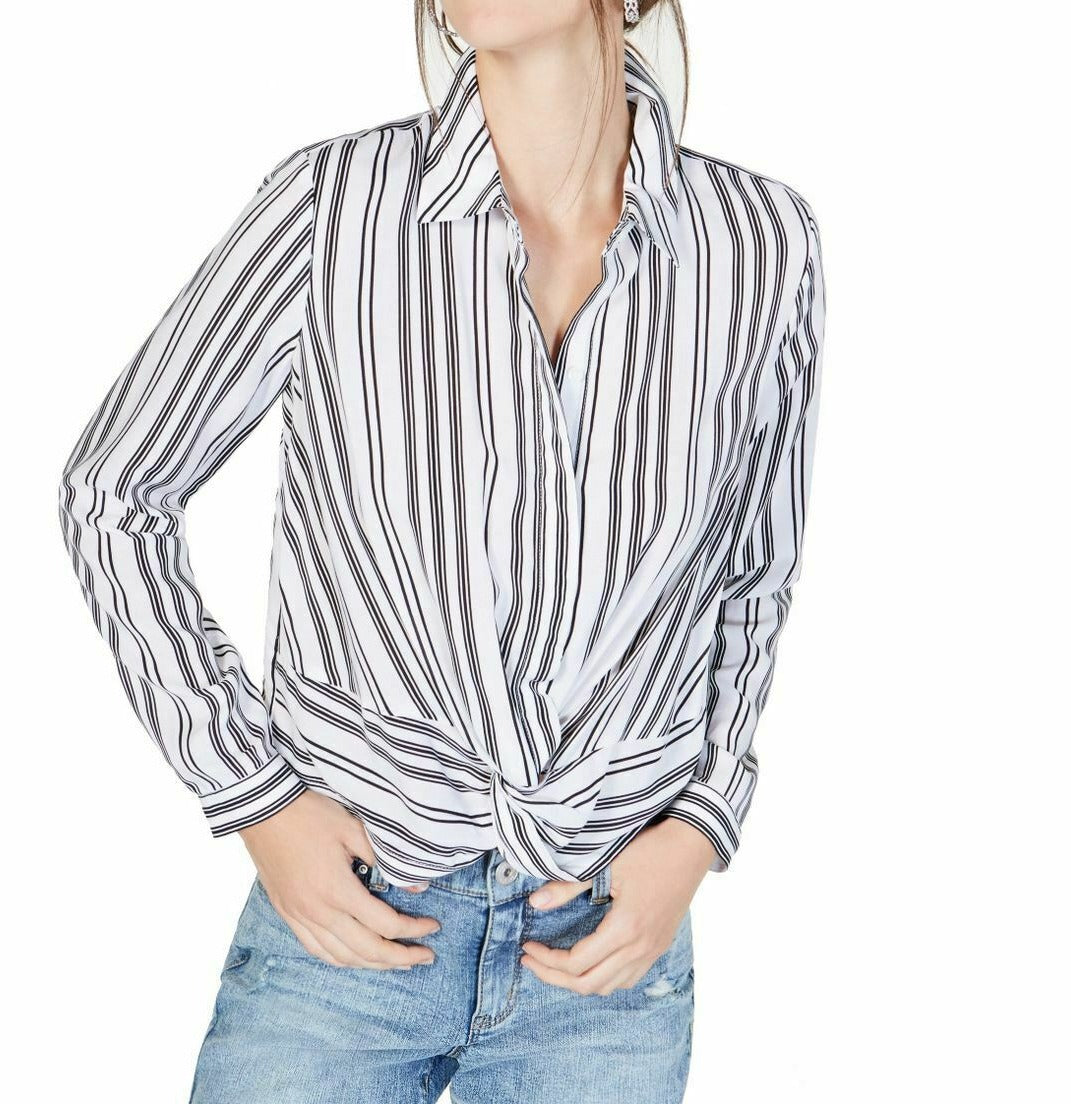 Blusa feminina de cetim granulado com amarração frontal, azul, tamanho XS, da INC International Concepts