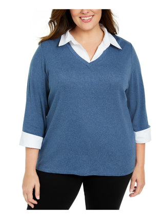Karen Scott Blusa Plus Size Feminina em Algodão Azul Tamanho 0X