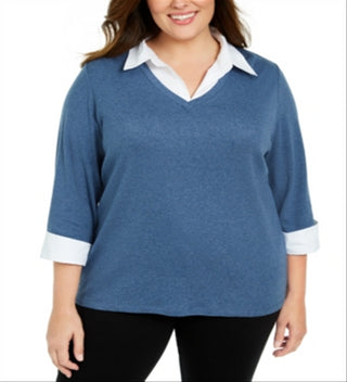 Karen Scott Blusa Plus Size Feminina em Algodão Azul Tamanho 0X