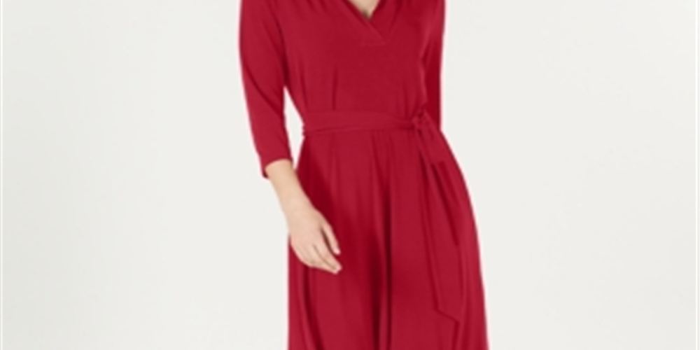 Vestido feminino Charter Club com decote em V, manga 3/4, comprimento até o joelho, trapézio, tamanho pequeno, vermelho, grande