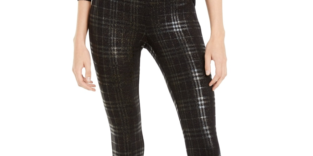 Leggings femininas xadrez brilhantes Maison Jules, pretas, tamanho XX-G