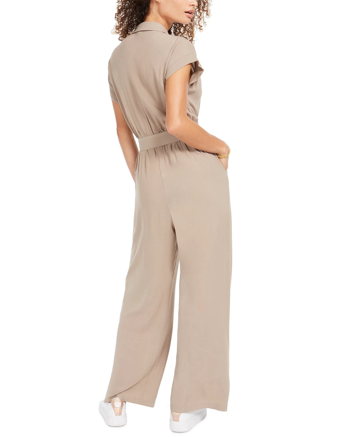 Macacão feminino Monteau Petite com botões frontais e pernas largas em mistura de linho, bege PS