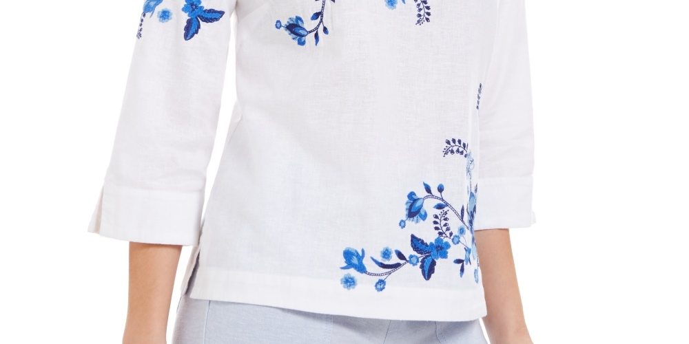 Blusa feminina bordada com mangas divididas Charter Club, azul, tamanho X-S