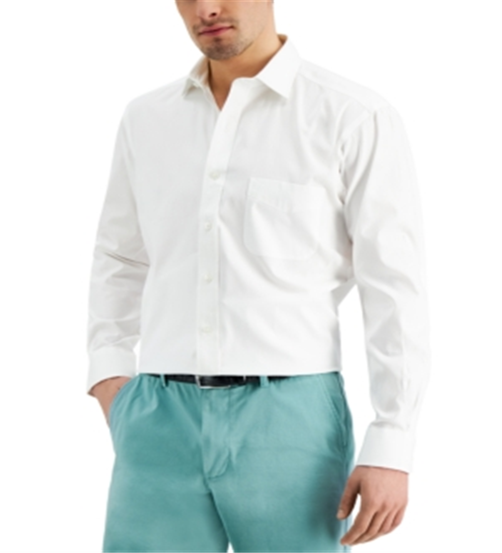 Camisa social masculina Club Room Regular Fit de algodão com gola aberta e ponto fechado, branca, tamanho 15/5