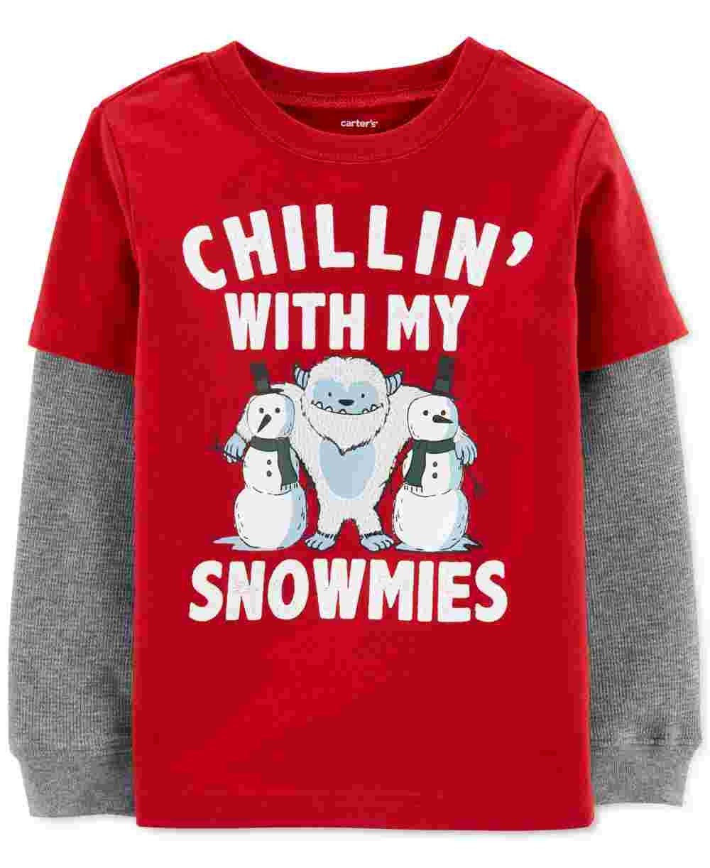 Camiseta de algodão Carter's Toddler Boy's Snowmies com estampa em camadas, tamanho 2T, vermelha