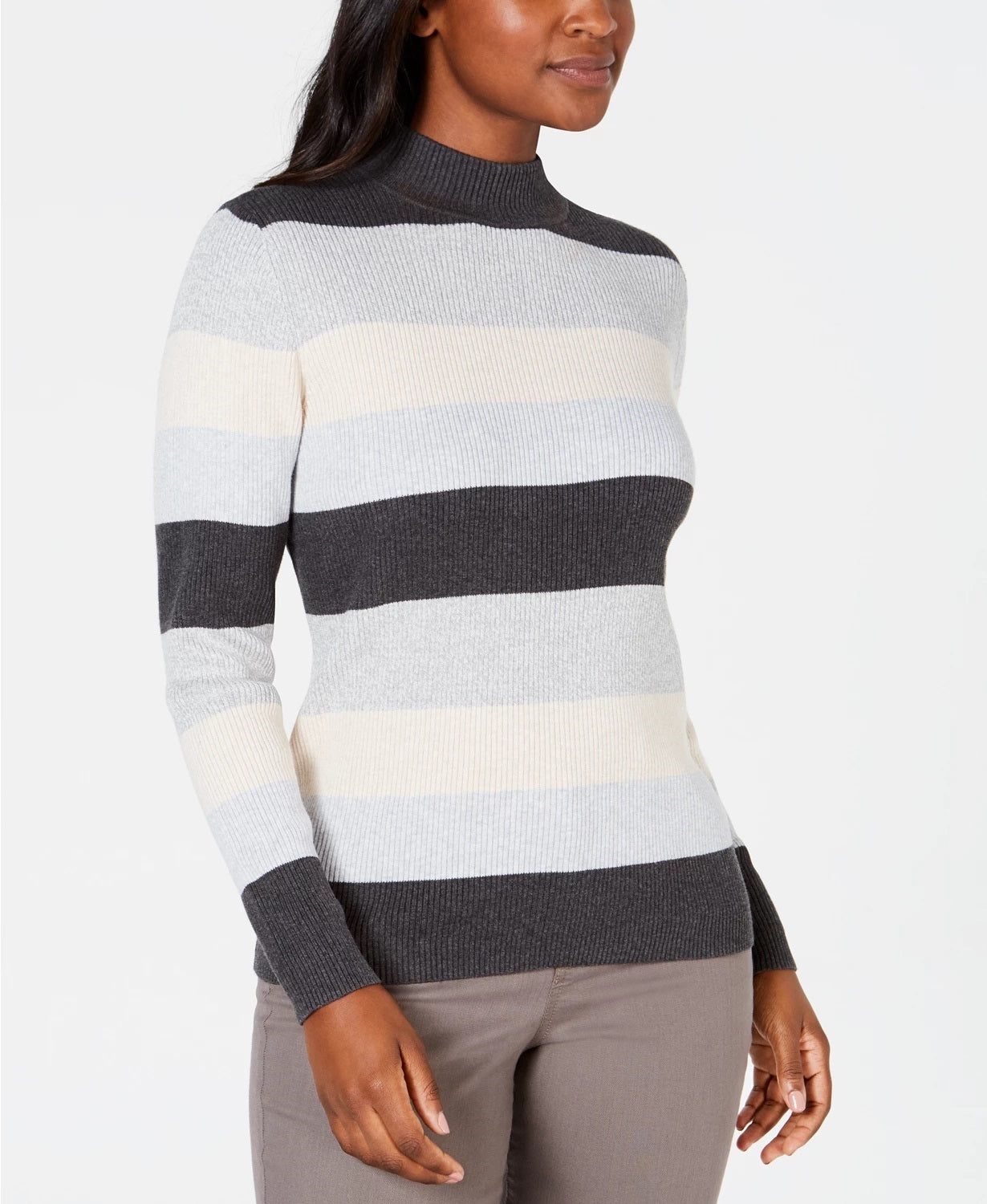 Karen Scott Suéter Feminino Canelado Color Block Manga Longa Gola Alta Cinza Tamanho XXG