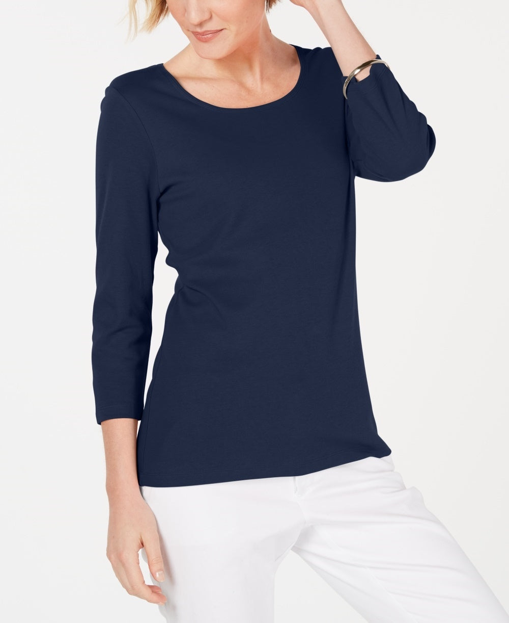 Karen Scott Blusa de algodão feminina com decote redondo, azul marinho, tamanho pequeno e pequeno