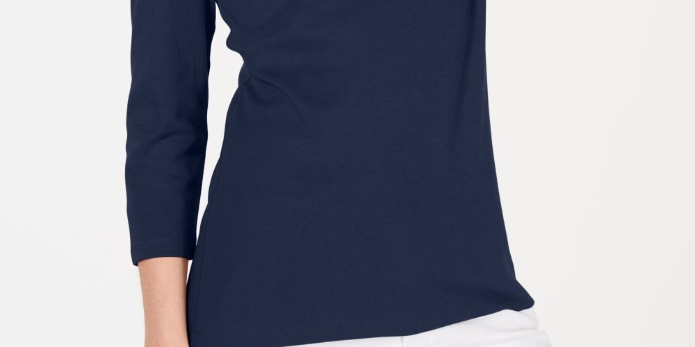 Karen Scott Blusa de algodão feminina com decote redondo, azul marinho, tamanho pequeno e pequeno