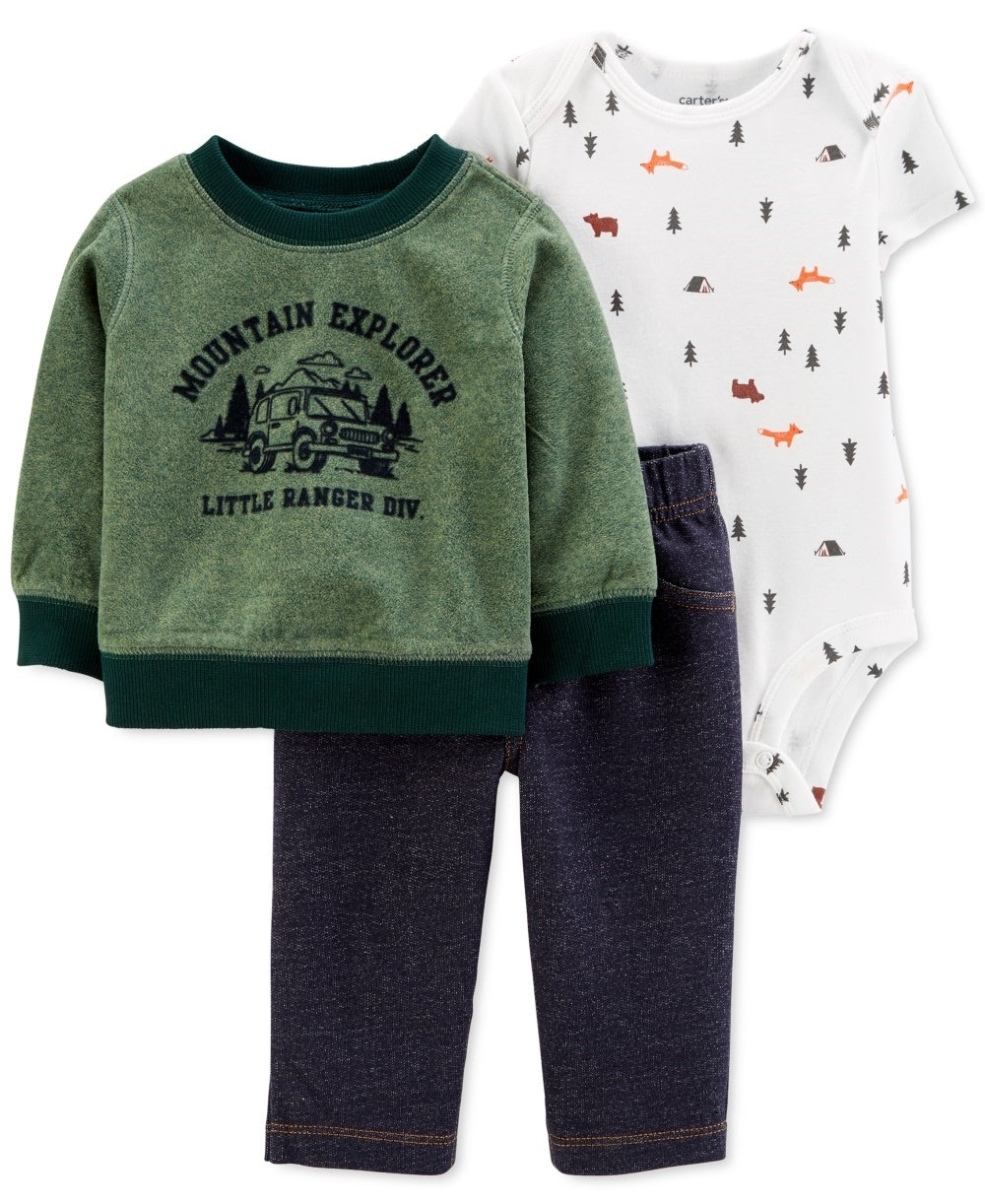 Conjunto de macacão e calça estampados para acampamento Carter's Baby Boy, 3 peças, Mountain Explorer, tamanho 18 meses