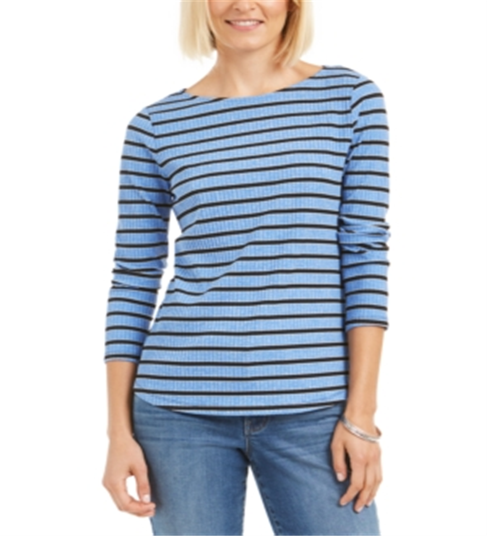 Top feminino estampado Charter Club com manga 3/4, azul, tamanho pequeno P/M