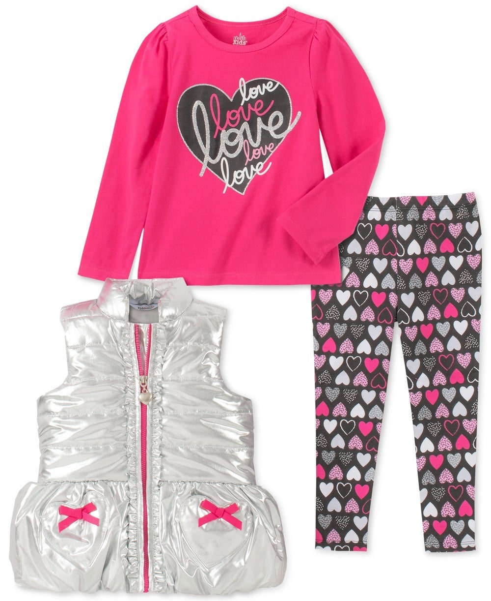 Conjunto infantil Headquarters para meninas, 3 peças, colete metálico, top, leggings estampados, rosa, tamanho 2T