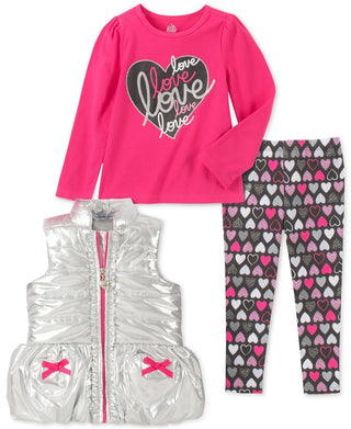 Conjunto infantil Headquarters para meninas, 3 peças, colete metálico, top, leggings estampados, rosa, tamanho 2T