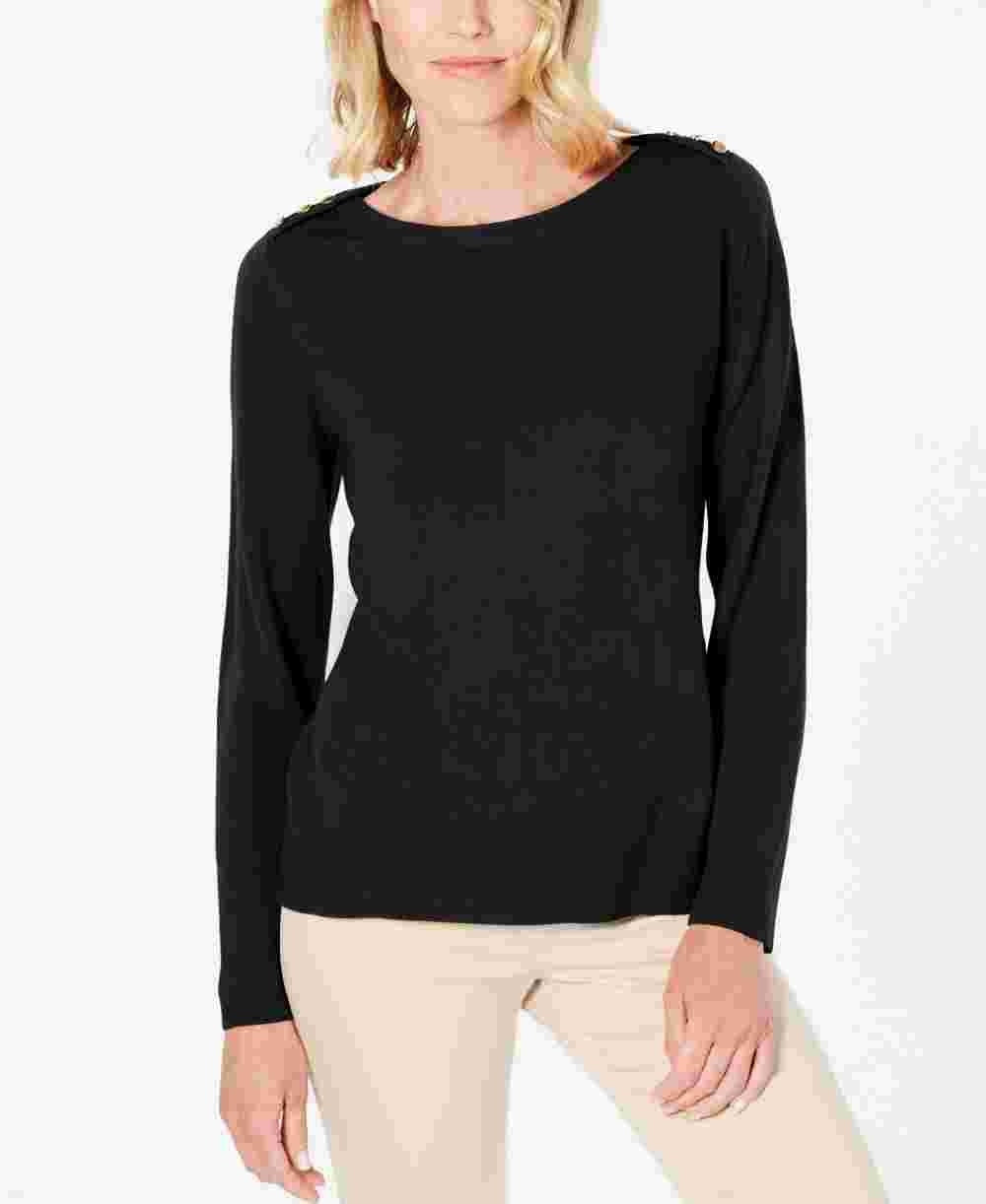 Camiseta feminina Karen Scott lisa, manga comprida, gola redonda, preta, tamanho pequeno, extragrande