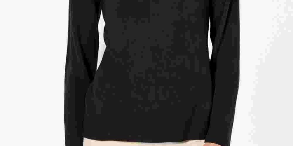 Camiseta feminina Karen Scott lisa, manga comprida, gola redonda, preta, tamanho pequeno, extragrande