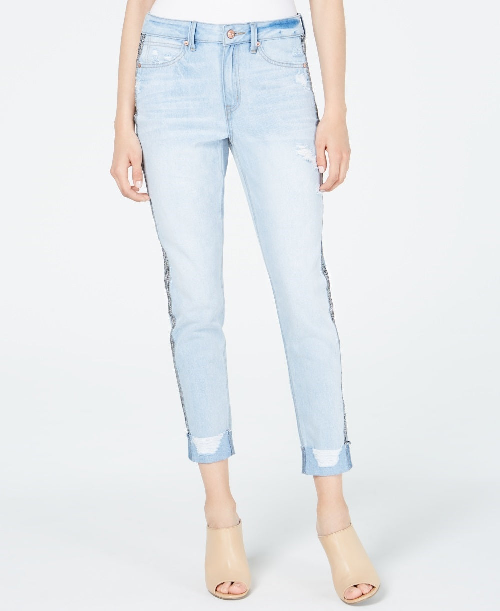 Calça jeans skinny contrastante com padrão espinha de peixe rasgada Rewash Junior, tamanho 11, azul