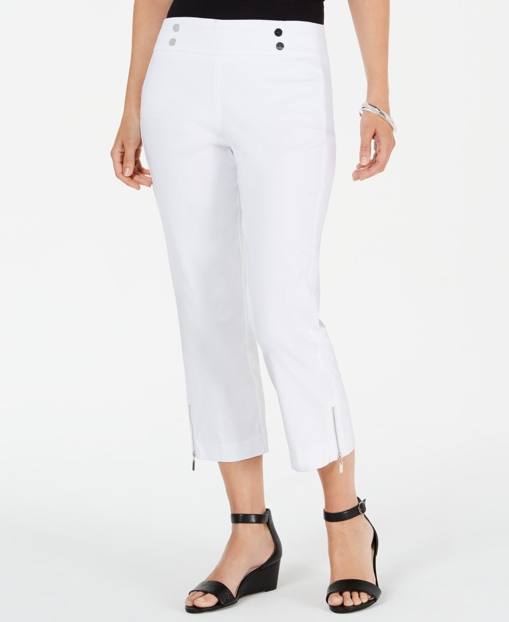 Calça feminina cropped com zíper e acabamento em zíper, tamanho pequeno e grande, branca