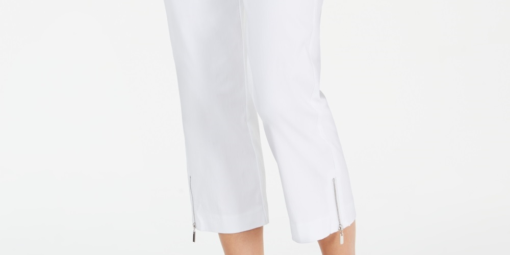 Calça feminina cropped com zíper e acabamento em zíper, tamanho pequeno e grande, branca