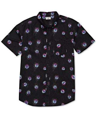 Camisa masculina Billabong Sundays com estampa de manga curta e botões, preta, tamanho pequeno