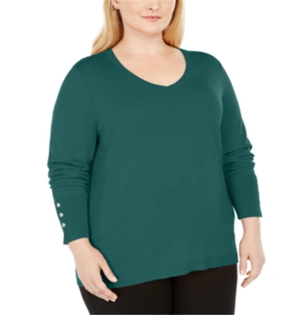 JM Collection Suéter feminino plus size com punho de botão e decote em V, tamanho Sequoia 0X