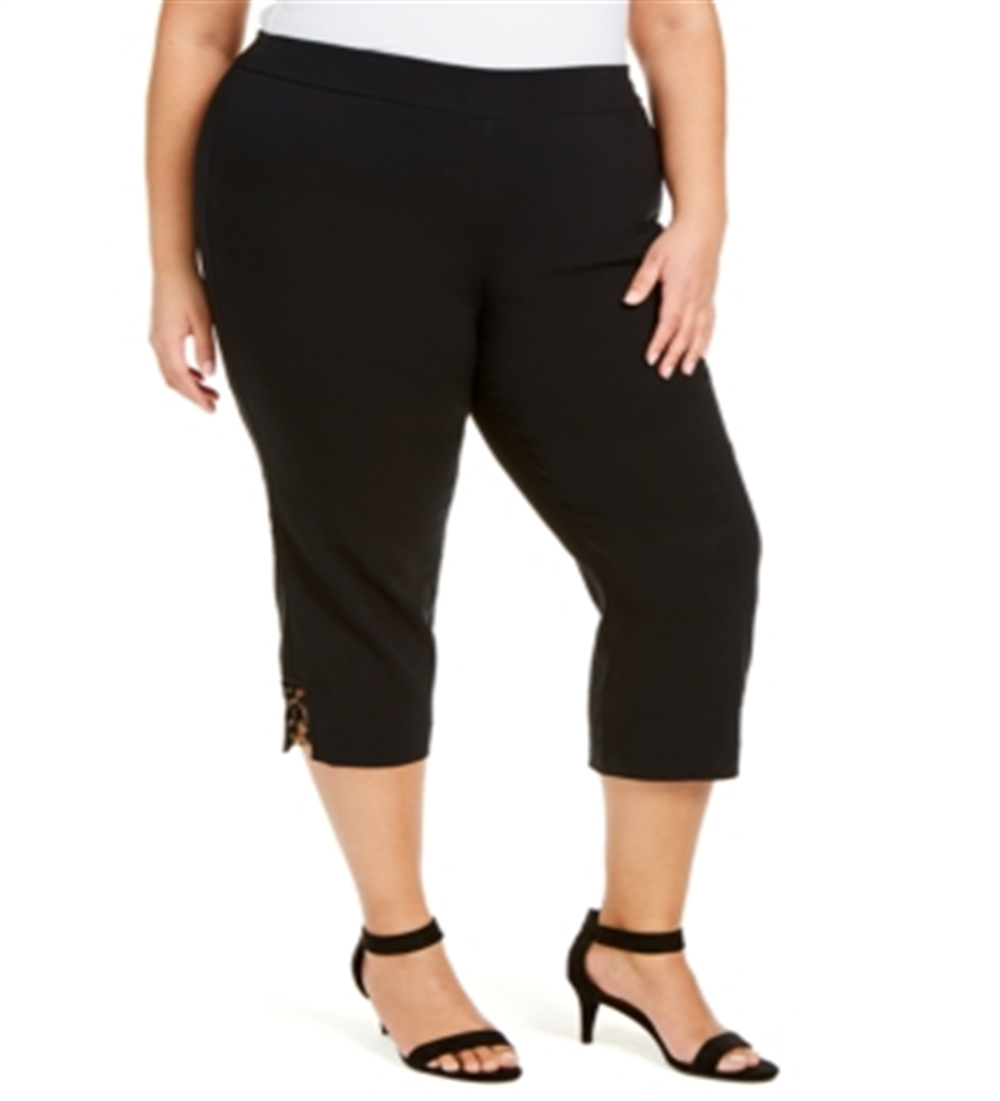 Calça capri feminina plus size com detalhes em renda JM Collection, preta, tamanho 0X