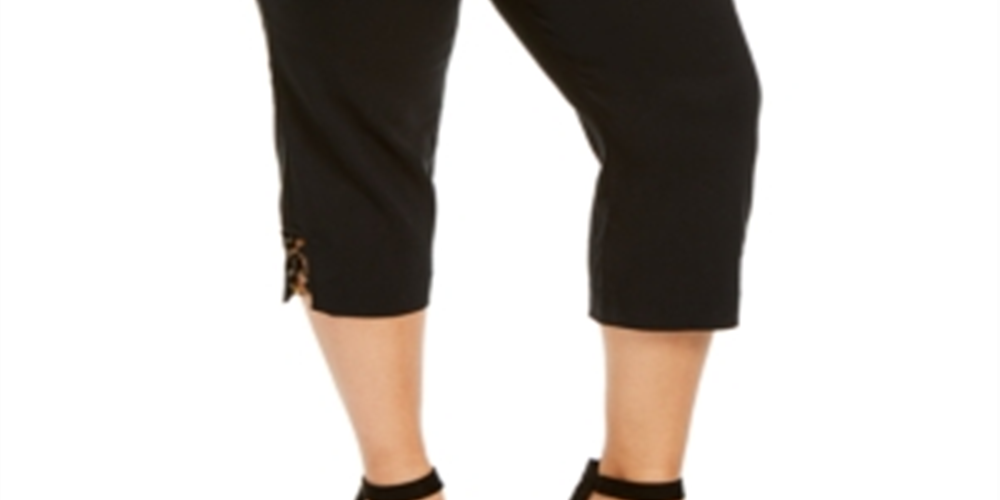 Calça capri feminina plus size com detalhes em renda JM Collection, preta, tamanho 0X