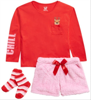 Conjunto de pijama Max &amp; Olivia Big Girl com 3 peças, blusa de rena, shorts e meias de pele sintética, vermelho, tamanho M (7/8)