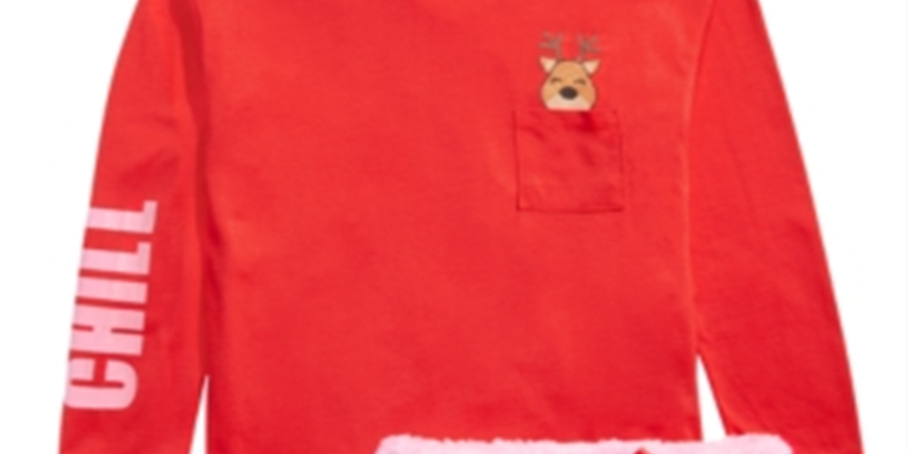 Conjunto de pijama Max &amp; Olivia Big Girl com 3 peças, blusa de rena, shorts e meias de pele sintética, vermelho, tamanho M (7/8)