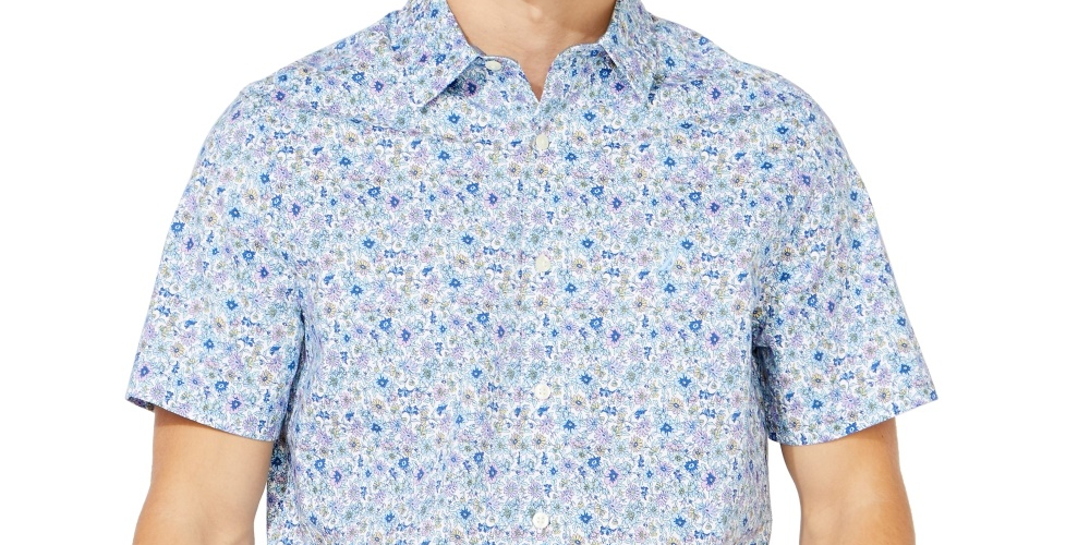 Camisa Oxford de manga curta com estampa floral da coleção Sail masculina Nautica, branca, tamanho pequeno