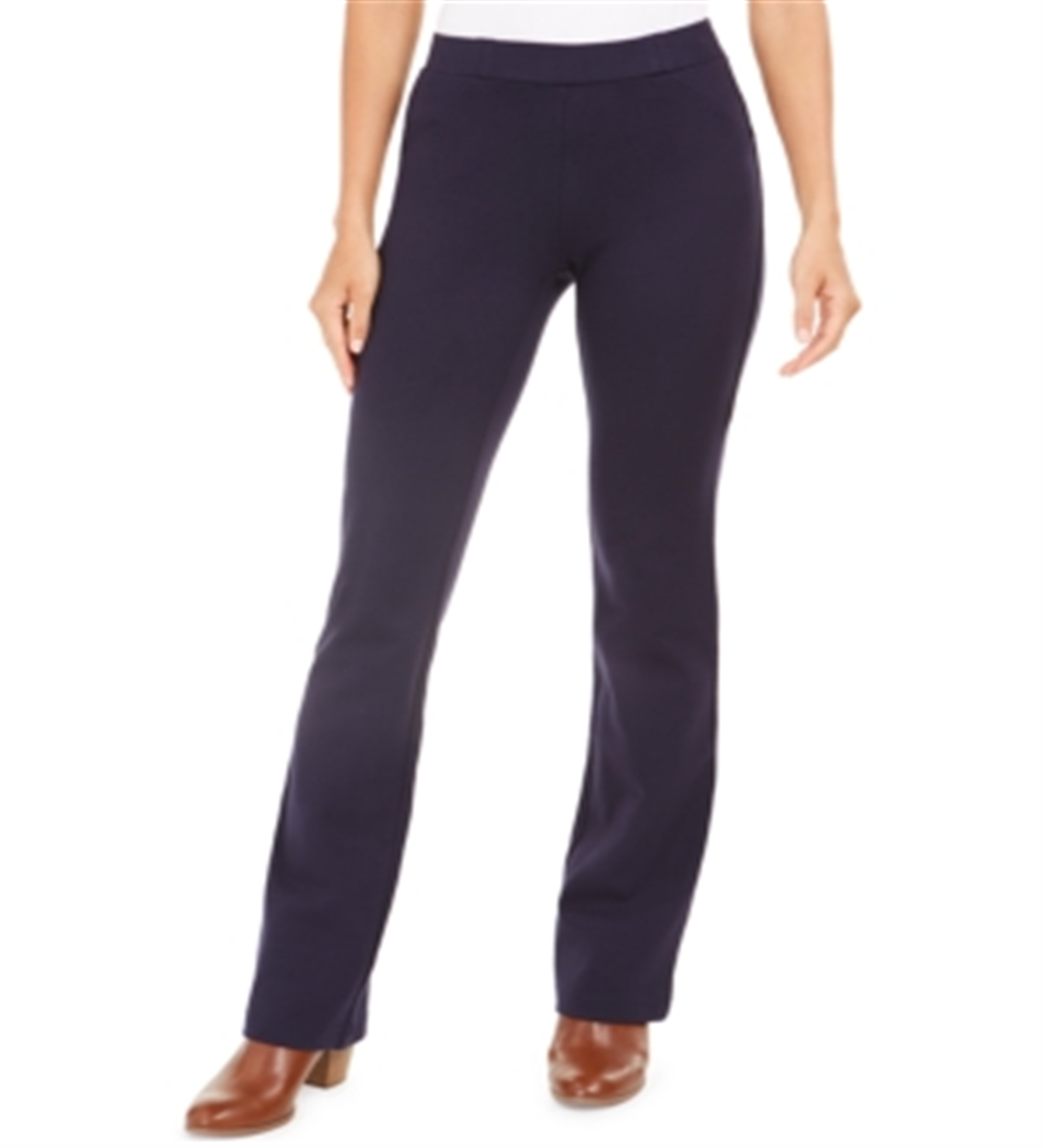 Calça feminina estilo bootcut com cintura confortável, azul marinho, tamanho pequeno P