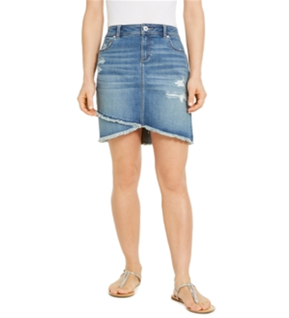 Saia jeans feminina com bainha cruzada e acabamento desfiado, azul, tamanho 0, da INC International Concepts
