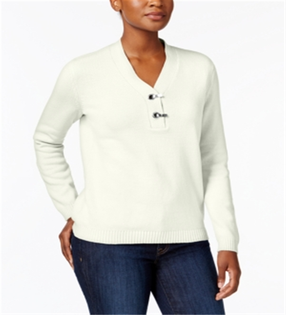 Karen Scott Suéter Feminino de Algodão com Gola V e Hardware, Branco, Tamanho Médio