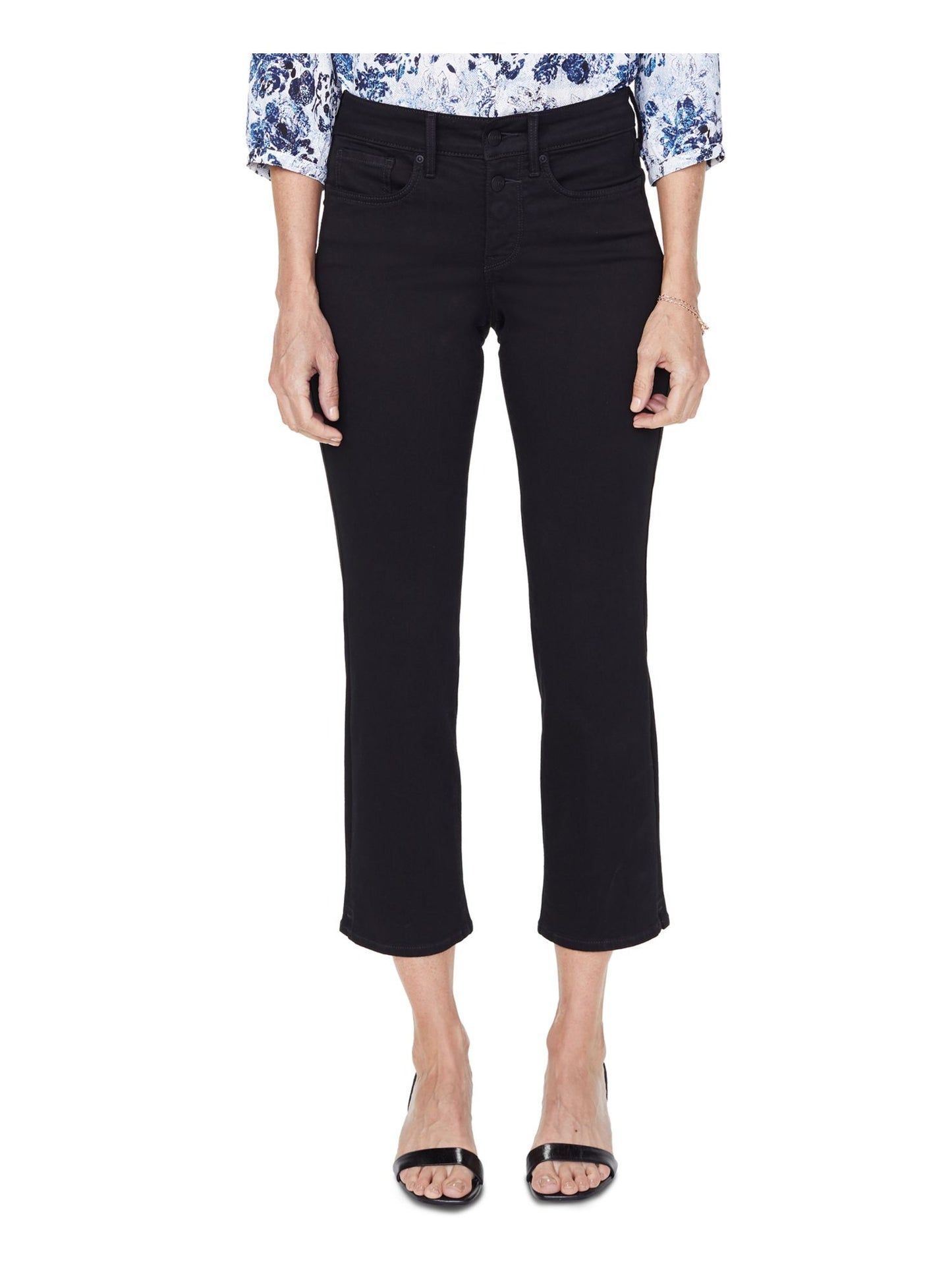 Calça jeans reta feminina NYDJ tamanho 2, preta, com elevação e dobra, denim clássico