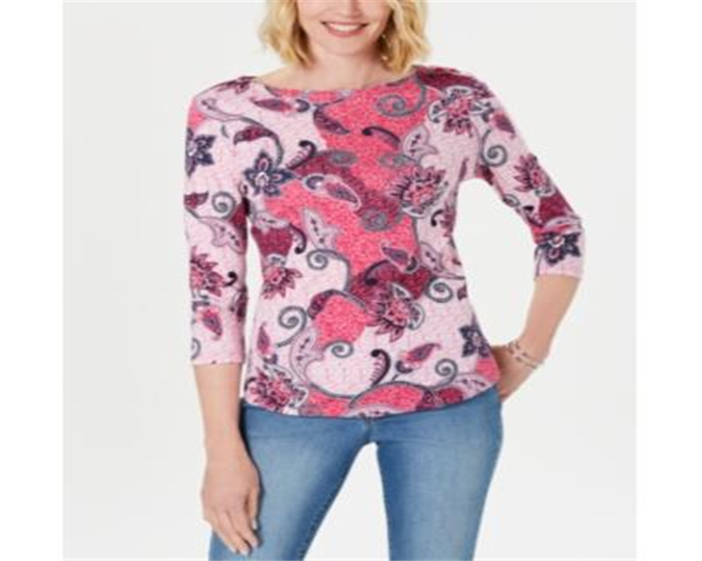 Charter Club Feminino Pima Algodão Botão Ombro Estampado Top Rosa Tamanho Pequeno Pequeno