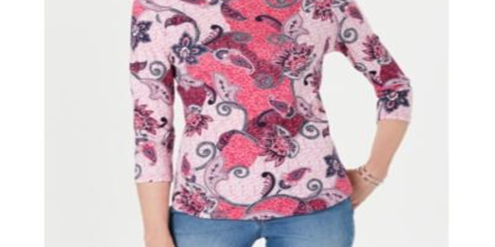 Charter Club Feminino Pima Algodão Botão Ombro Estampado Top Rosa Tamanho Pequeno Pequeno
