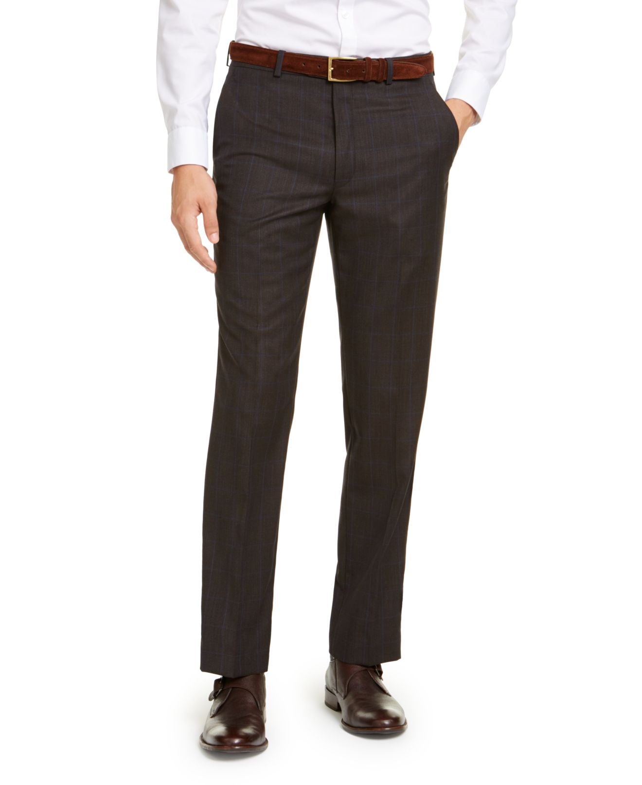 Calça de terno Michael Kors Classic Fit Airsoft Stretch Birdseye Windowpane Masculina Marrom Tamanho 46X30