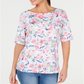 Karen Scott Blusa feminina estampada com decote canoa e estampa floral branca tamanho pequeno P/M