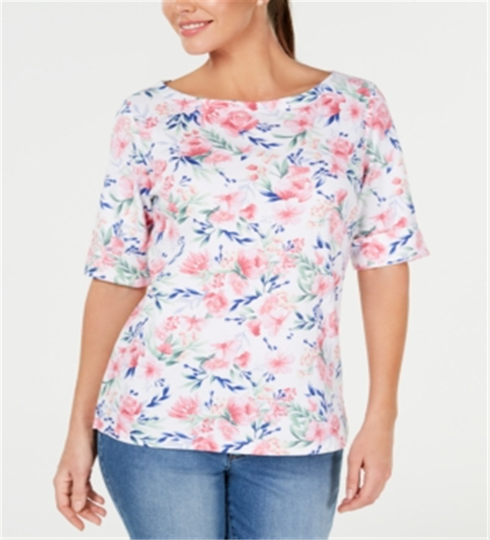 Karen Scott Blusa feminina estampada com decote canoa e estampa floral branca tamanho pequeno P/M
