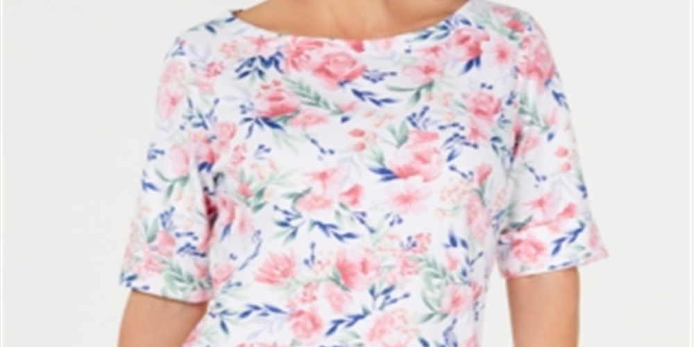 Karen Scott Blusa feminina estampada com decote canoa e estampa floral branca tamanho pequeno P/M