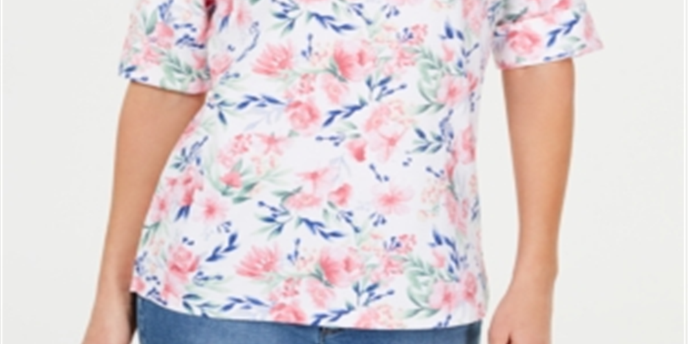 Karen Scott Blusa feminina estampada com decote canoa e estampa floral branca tamanho pequeno P/M