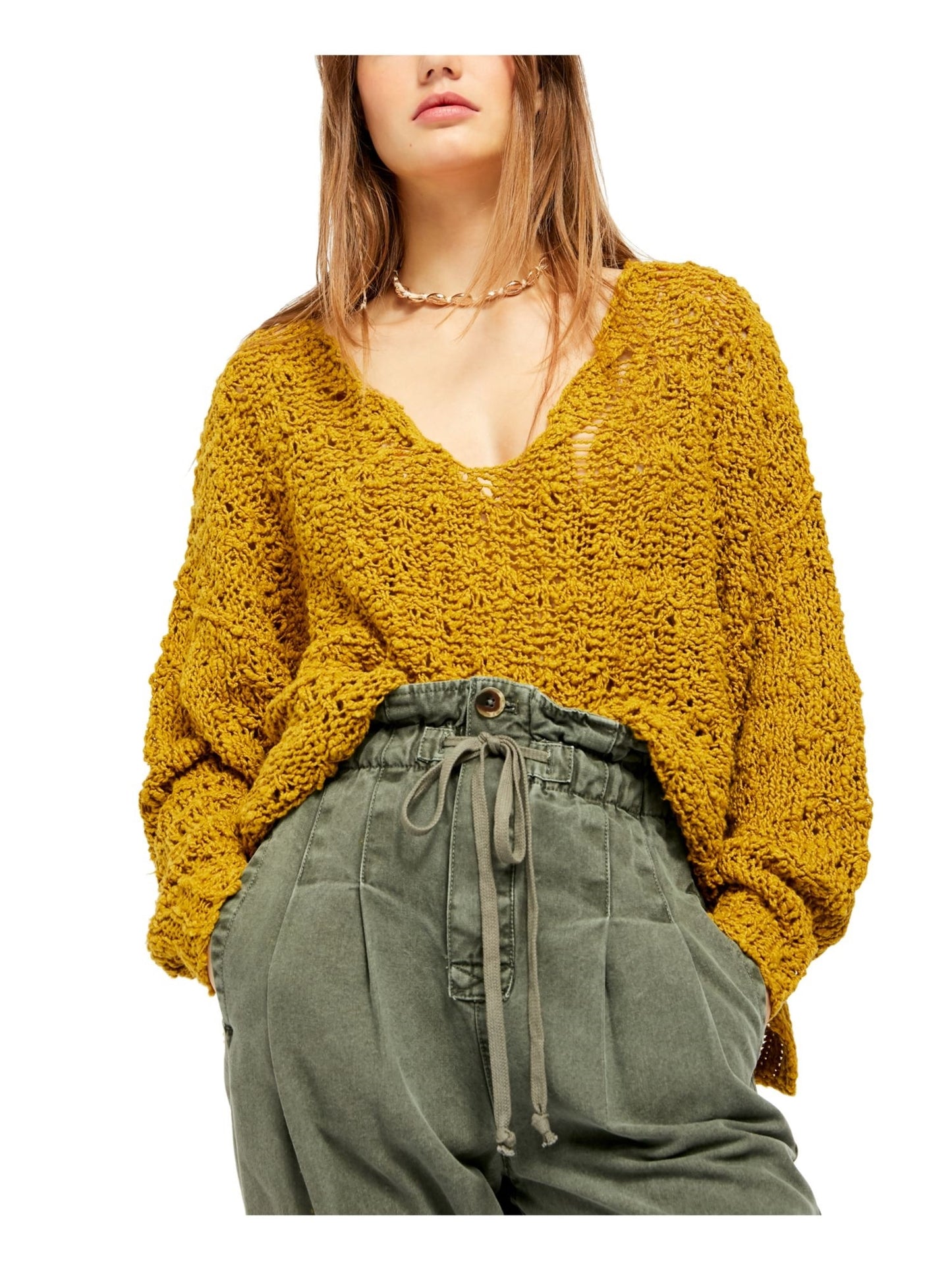 Suéter feminino Free People Sunday Shore de algodão misto, verde, tamanho X-S