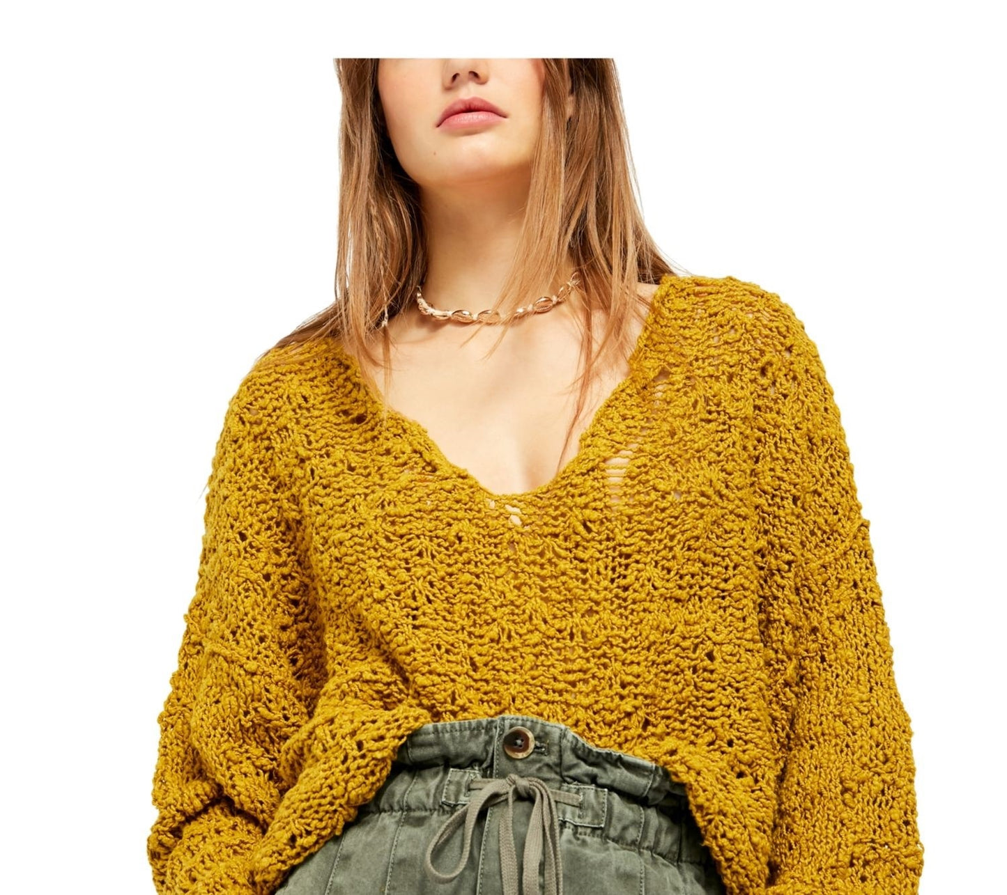 Suéter feminino Free People Sunday Shore de algodão misto, verde, tamanho X-S