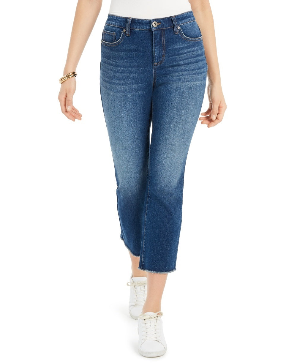 Calça jeans feminina estilo &amp; co, rasgada, autêntica, cropped, boca de sino, azul, tamanho 4