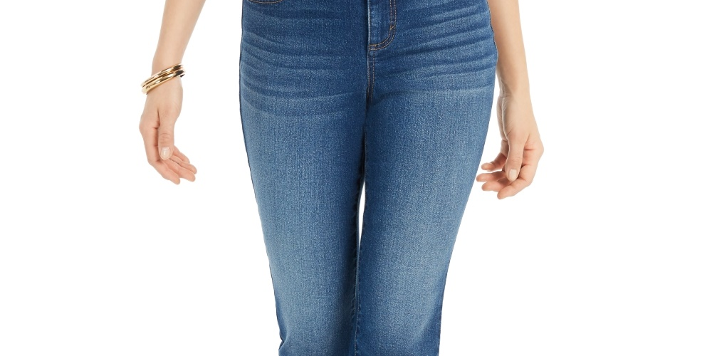Calça jeans feminina estilo &amp; co, rasgada, autêntica, cropped, boca de sino, azul, tamanho 4