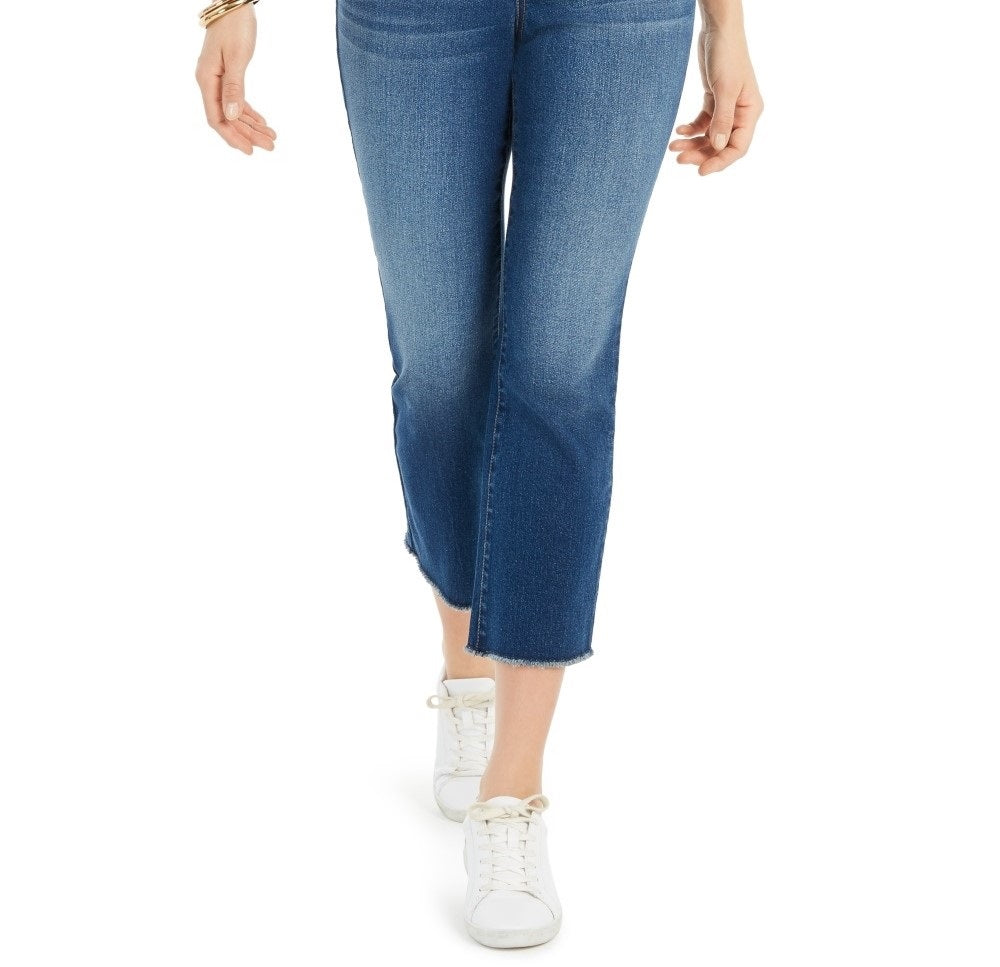 Calça jeans feminina estilo &amp; co, rasgada, autêntica, cropped, boca de sino, azul, tamanho 4