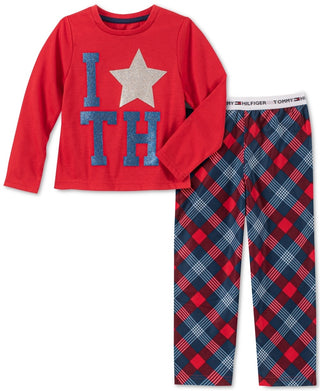 Conjunto de pijama xadrez Tommy Hilfiger para bebês meninas pequenas e grandes, 2 peças, vermelho brilhante, tamanho 16