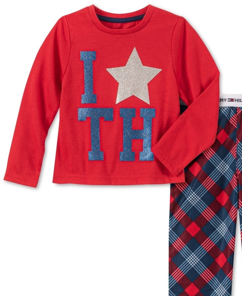 Conjunto de pijama xadrez Tommy Hilfiger para bebês meninas pequenas e grandes, 2 peças, vermelho brilhante, tamanho 16